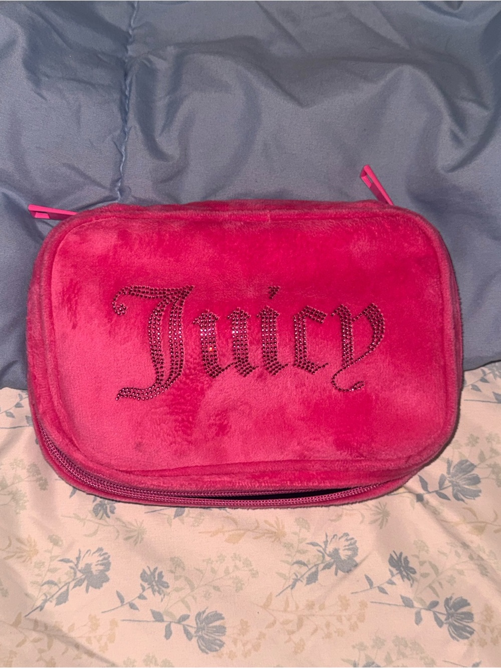 Juicy Couture Bright Pink Plush Jewelry Travel Case with Rhinestone Logo